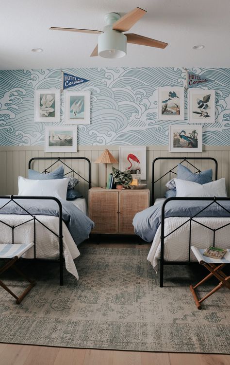 Blue Theme Bedroom, Shared Kids Room Ideas, Utah Ranch, Shared Boys Rooms, Audubon Prints, Boys Shared Bedroom, Wave Wallpaper, Calming Nature, Nesting With Grace