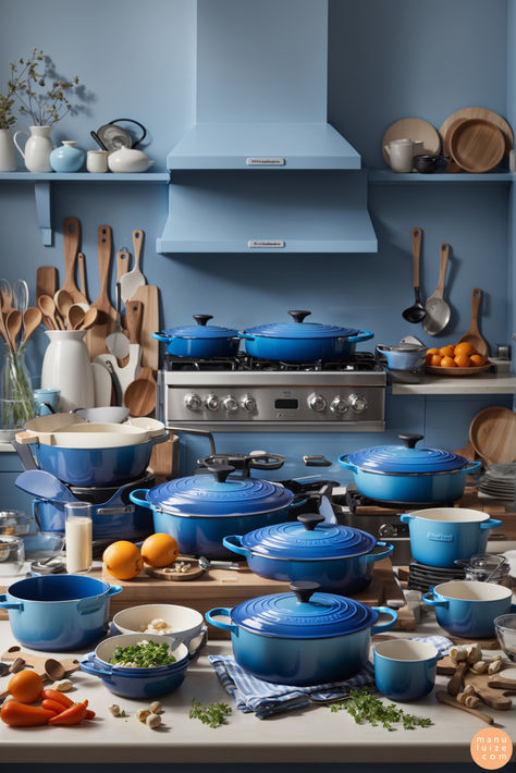 Modern vintage kitchen with blue Le Creuset pan Le Creuset Kitchen Aesthetic, Le Creuset Marseille, Vintage Le Creuset, Blue Aesthetic Style, Le Creuset Aesthetic, Blue Kitchen Aesthetic, Santa Fe Kitchen, Modern Vintage Kitchen, Le Creuset Blue