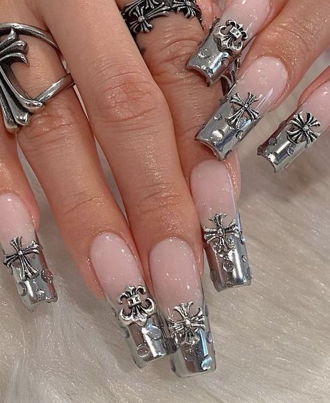 Cross Nails, Metallic Nails, Bling Acrylic Nails, Silver Nails, Square Acrylic Nails, Minimalist Nails, Heart Nails, Fire Nails, Funky Nails