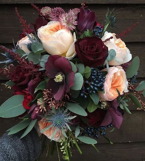 Rich burgundy, green and peach fall floral arrangement on Hello Lovely Bridal Bouquet Peach, Eucalyptus Bouquet, Ren Fest, Fall Decor Inspiration, Deco Floral, Burgundy Wedding, Wedding Bells, Winter Wedding, Bridal Bouquet