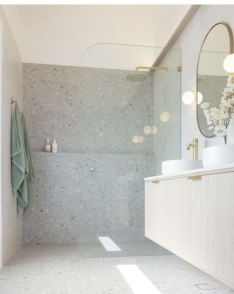 Terrazzo Shower Walls, Terrazzo Bathroom Wall Tiles, Ensuite Bathroom Ideas Terrazzo, Bathroom Terrazzo Floor Tiles, Biscuit Tile Bathroom, Bath Feature Wall Tile, Shower Feature Tile, Bathroom Same Floor And Wall Tiles, Light Terrazzo Bathroom