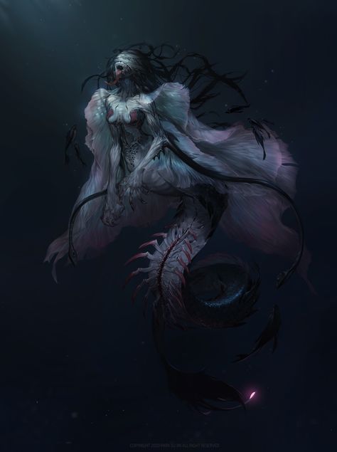 Dark Siren Art, Siren Scary Evil Mermaids, Mer Creature Art, Deep Sea Merfolk, Evil Fantasy Creatures, Scary Siren Art, Female Sea Monster, Mermaid Art Fantasy Dark, Creepy Mermaid Art