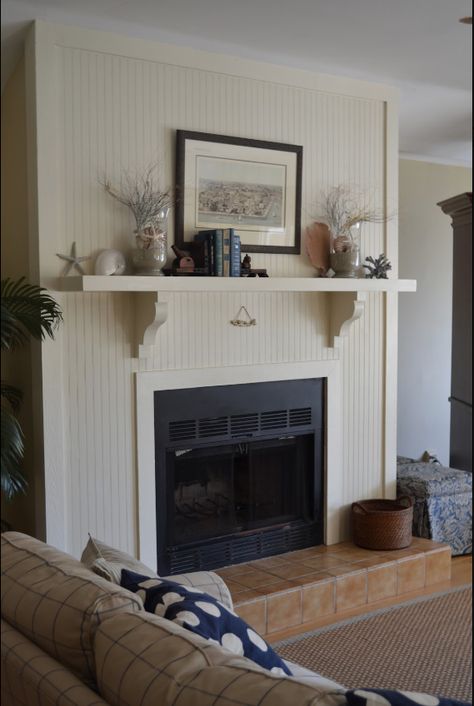 bead board fireplace surround Beadboard Tv Wall, Basement Ideas Fireplace, Bead Board Fireplace, Beadboard Fireplace Wall, Fireplace Basement Ideas, Beadboard Fireplace, Wine Cellar Diy, Floating Shelves Fireplace, Fireplace Feature Wall Ideas