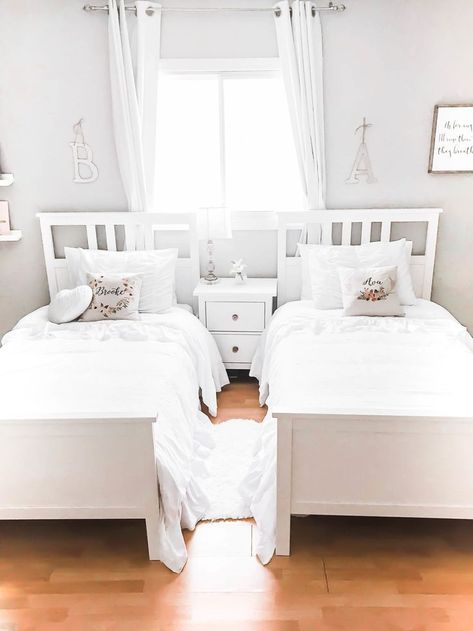 Cozy and Whimsical Girls Shared Bedroom Reveal #nursery #girlsbedroom#girlsroom #homedecor#decoratingideas #homeideas #bedroom White Twin Beds, Girls Shared Bedroom, Twin Girl Bedrooms, Sweet Bedroom, Shared Girls Room, Kids Shared Bedroom, Shared Girls Bedroom, Bedroom Reveal, Girl Bedrooms