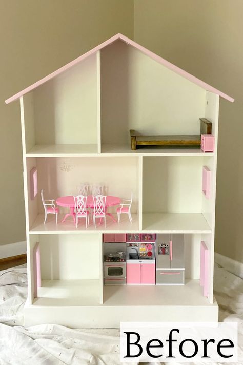 DIY Thrifted Dollhouse Makeover - Bless'er House Diy Dollhouse From Bookshelf, Large Dollhouse Makeover, Barbie House Makeover Diy, Dollhouse Bookshelf Makeover, Dollhouse Makeover Ideas, Kid Craft Dollhouse Makeover, Kid Kraft Dollhouse Makeover, Barbie Furniture Makeover, Diy Doll House Ideas