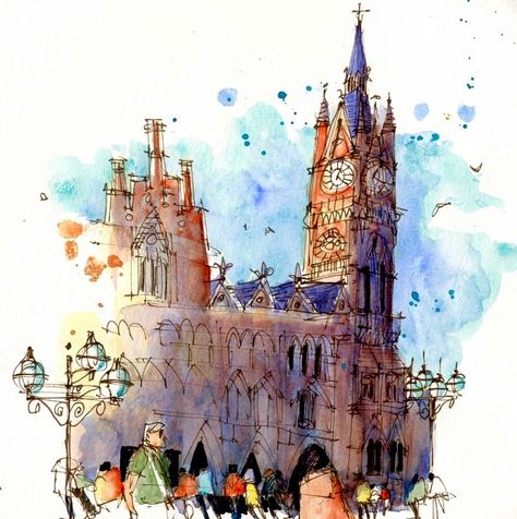 St Pancras Station, James Richards, Ink And Wash, Pen And Wash, Busy Street, St Pancras, Travel Sketches, Canadian Art, Ink Sketch