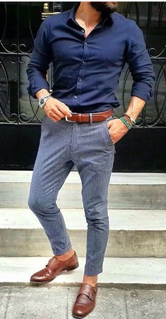 Mens Fashion Grey Pants Brown Shoes, Navy Blue Shirt Outfit, Blue Shirt Outfit Men, Blue Shirt Grey Pants, Brown Shoes Outfit, Grey Pants Outfit, Grey Pants Men, Dark Grey Dress Pants, Dress Pants Outfits