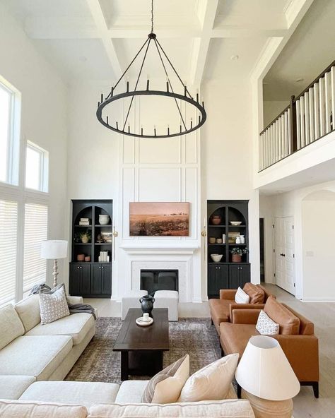 High Ceiling Living Room Chandelier - Soul & Lane Living Room Chandelier High Ceiling, Modern Traditional Living Room, Tan Living Room, Megan Nicole, Vaulted Ceiling Living Room, High Ceiling Living Room, New House Living Room, Living Room Chandelier, Still Picture