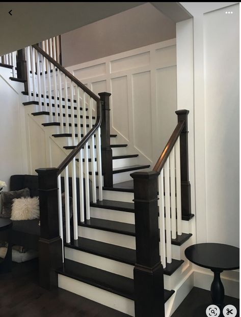 Black White Staircase, Black Painted Stairs, White Banister, Stairway Remodel, Living Room Stairs, White Staircase, Stairs Wood, Stairs Railing, House Improvement