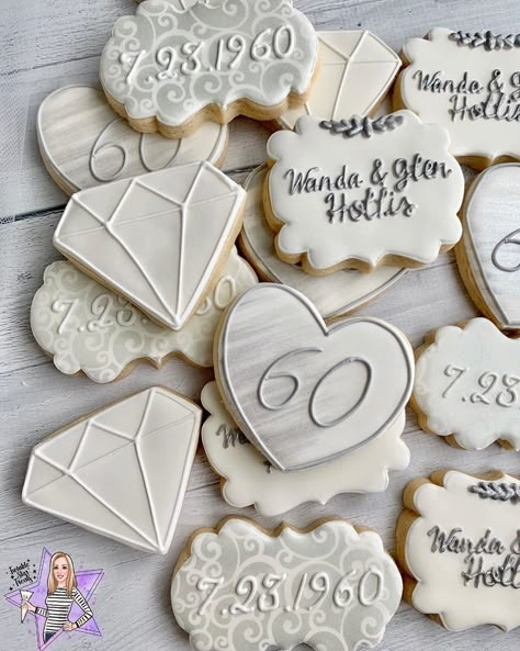 Diamond Wedding Anniversary Theme, Diamond 60th Birthday Party Ideas, 60th Wedding Anniversary Party Favors, 60 Year Anniversary Party Ideas, Diamond Wedding Anniversary Ideas, 60th Diamond Anniversary Party Ideas, 60th Anniversary Cookies Decorated, 60 Anniversary Cookies, 60th Wedding Anniversary Cookies