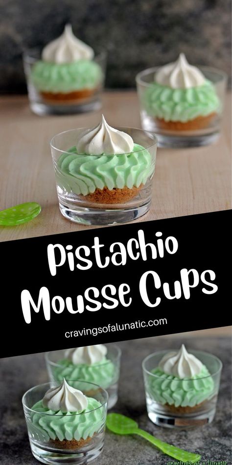 Collage image featuring three small clear dessert cups filled with graham crumbs, pistachio mousse and whipped cream. Green Desserts Easy, Pistachio Mousse, Kids Brunch, Pudding Cupcakes, Mousse Cups, Pistachio Cheesecake, Green Desserts, Comfort Desserts, Pistachio Pudding