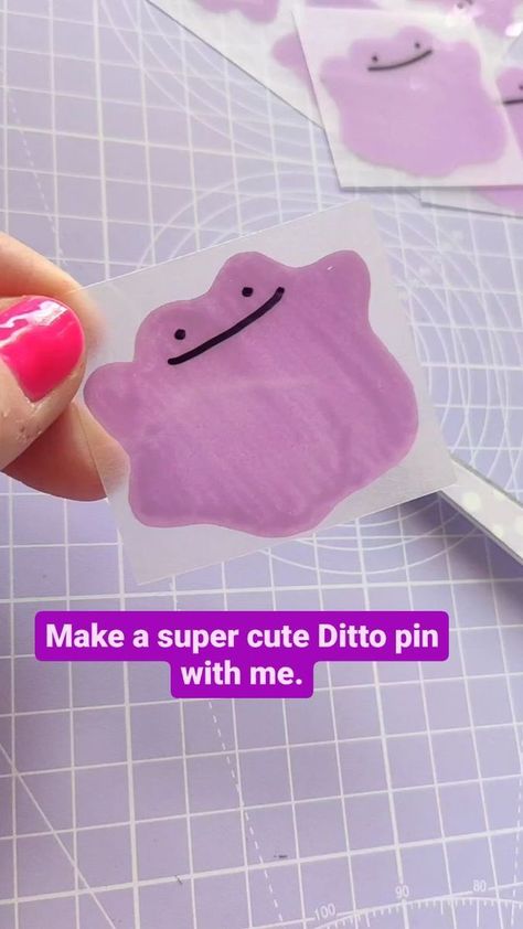 Make a super cute Ditto pin with me. #pokemon #ditto #pokemonart #shrink #shrinkplastic #shrinkydink #shrinkydinks #shrinkplasticart #shrinkplasticpin #artprocess #artistprocess #pinstagram #pinsofig #pinsofinsta #pinsofinstagram #cuteart #adorableart | Super Cute Awesome Stuff - Art by Perdita | Thurston Harris · Little Bitty Pretty One Shrink Plastic Earrings Diy, Shrink Plastic Pins, Cute Shrinky Dink Ideas, Shrinky Dink Art, Pokemon Ditto, Shrink Plastic Ideas, Shrinky Dink Ideas, Diy Shrink Plastic, Shrink Plastic Jewelry