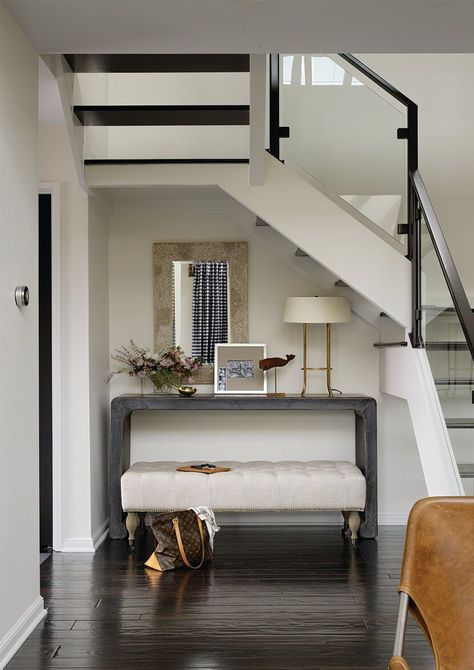 16 Clever Ways To Style That Awkward Space Under Your Stairs Space Under Stairs, تحت الدرج, Simple Benches, Inexpensive Decor, Console Table Decorating, Stair Case, Entry Way Design, Small Entryway, Stair Storage