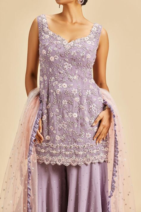 Netted Kurta Designs Women, Light Purple Indian Outfit, Lilac Indian Suit, Sharara Suit Pastel Colors, Indian Shadi Dresses, Pastel Sharara Suit, Kurta And Plazo Design, Wedding Guest Indian Outfit, Scratch Outfit Ideas Ethnic