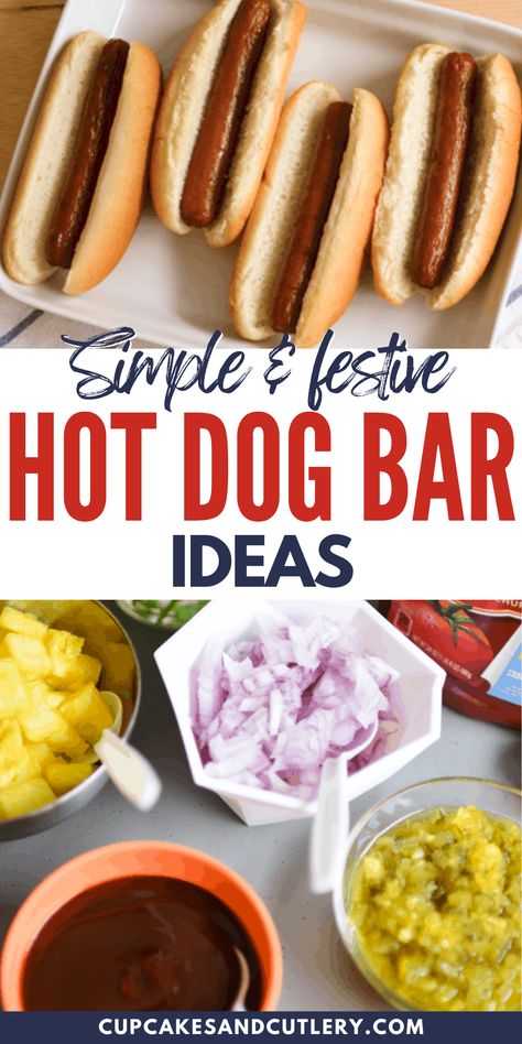 Gourmet Hotdogs Bar, Hot Dogs Toppings Ideas, Hot Dog Bar Toppings List, Hot Dog 4th Of July, Hot Dogs Bar Ideas, 4th Of July Hotdogs, Hot Dog Condiment Bar, Food Bar Ideas For Parties Simple, Hot Dogs With Bacon