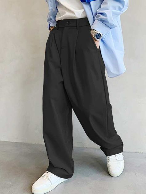 Manfinity Hypemode Men Slant Pocket Fold Pleated Pants | SHEIN USA Skate Pants Men, Black Pleated Pants Outfit Men, Wide Pants Men, Wide Leg Black Pants Outfit, Black Pants Outfit Men, Wide Leg Pants Men, Korean Pants, Black Pants Outfit, Pants Outfit Men