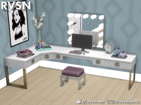 RAVASHEEN's Social Distancing Desk & Vanity Set Sims 4 Cc Furniture Functional Bedroom, Los Sims 4 Mods, Desk Vanity, Die Sims 4, Photo Walls, Modular Table, Modular Desk, Cc Furniture, Sims 4 Bedroom