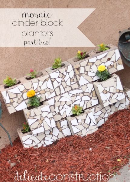 mosaic cinder block planters pt2 mosaic my cinderblock bench Mosaic Cinder Blocks Diy, Mosaic Cinder Blocks, Cinder Block Mosaic, Cinder Block Planters, Cinder Blocks Diy, Cinder Block Ideas, Cheap Shelves, Concrete Bird Bath, Mosaic Planters