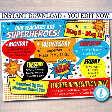 Superhero Teacher Appreciation Week, Superhero Teacher Appreciation, Superhero Teacher, Staff Appreciation Week, Nurse Appreciation Week, Teachers Appreciation, Week Schedule, Appreciation Message, Thrifty Thursday