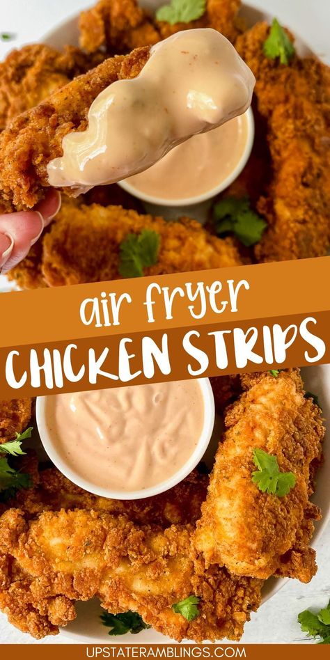 Air Fryer Chicken Strips Air Fryer Chicken Breast Strips, Homemade Chicken Strips In Air Fryer, Air Fryer Chicken Strips Recipe, Chicken Strips Air Fryer, Air Fryer Chicken Strips, Chicken Tenders Crispy, Healthy Chicken Strips, Homemade Chicken Strips, Breaded Chicken Strips