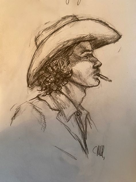 Cowboy Pencil Sketch my Margaret Asjes Western Style Drawing, Country Landscape Drawing, Cowboy Drawing Ideas, Country Easy Drawings, Simple Country Drawings, Western Sketches Pencil, Texas Drawing Ideas, Cowboy Side Profile, How To Draw A Cowboy