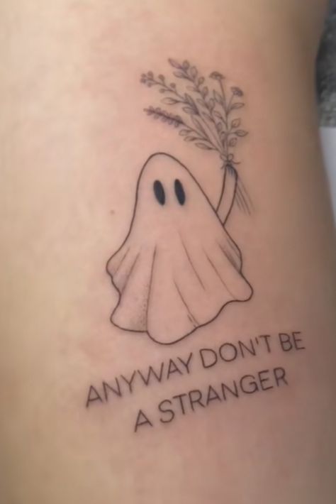 Anyways Dont Be A Stranger Tattoo, Anyway Dont Be A Stranger Tattoo, Scott Street Phoebe Bridgers Tattoo, Pheobe Bridgers Ghost Tattoo, Stranger In The Alps Tattoo, Scott Street Tattoo, Pheobe Bridgers Tattoo Ideas, Kanye Tattoo, Tat Placement