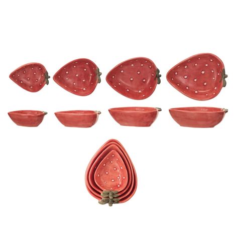 Buy the Strawberry Stoneware Measuring Cups Set at Michaels. com. This set of four hand-painted stoneware measuring cups adds a touch of whimsy and charm to any kitchen. This set of four hand-painted stoneware measuring cups adds a touch of whimsy and charm to any kitchen. A whimsical strawberry design in red, green, and white adorns each cup, making them a delight to use. These durable measuring cups are perfect for both dry and wet ingredients, and they will become a cherished addition to any Cottagecore Kitchen Accessories, Aesthetic Measuring Cups, Cute Kitchen Stuff, Cute Dishware, Cute Measuring Cups, Strawberry Kitchen Theme, Cute Kitchenware, Food Ceramics, Unique Silverware