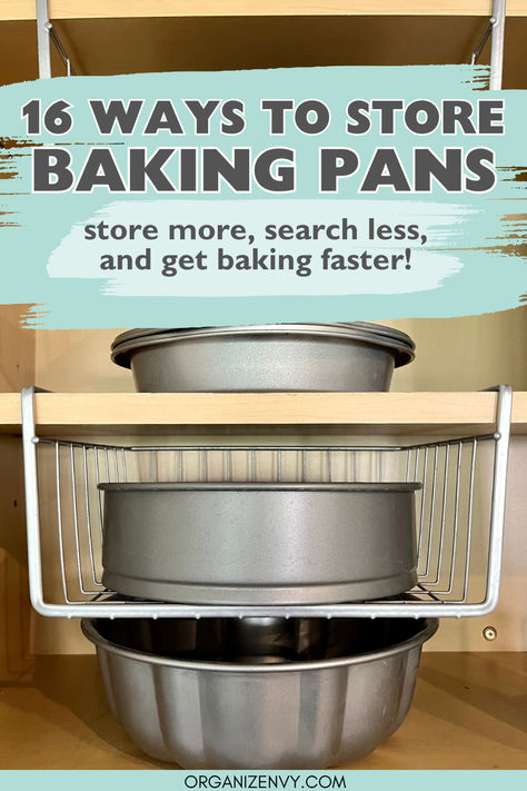 Baking pans stored in a kitchen cabinet Cake Tin Storage Ideas, How To Store Baking Pans, Pan And Lid Storage Ideas, Baking Pan Organization, Cake Pan Storage Ideas, Baking Pan Storage Ideas, Baking Tray Storage Ideas, Cake Decorating Organization Storage, Baking Organization Storage