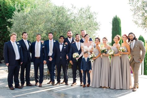 Navy Suits Taupe Dresses, Taupe And Navy Wedding Colors, Champagne Dress Navy Suit, Dark Blue Groomsmen Suits Bridal Parties, Tan And Navy Wedding Party, Taupe Bridal Party Groomsmen, Navy Taupe Wedding, Male And Female Bridesmaids, Groomsman Navy Suits