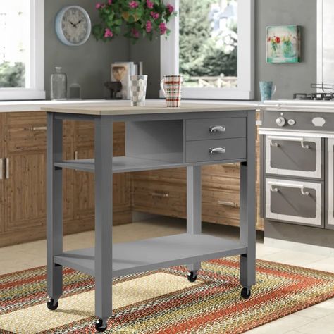 Laurel Foundry Modern Farmhouse Diez 38'' Wide Rolling Kitchen Cart with Solid Wood Top & Reviews | Wayfair Island For Small Kitchen, Kitchen Island On Casters, Portable Island, Portable Kitchen Island, Rolling Kitchen Cart, Kitchen Island On Wheels, Prep Table, Solid Wood Kitchens, Portable Kitchen