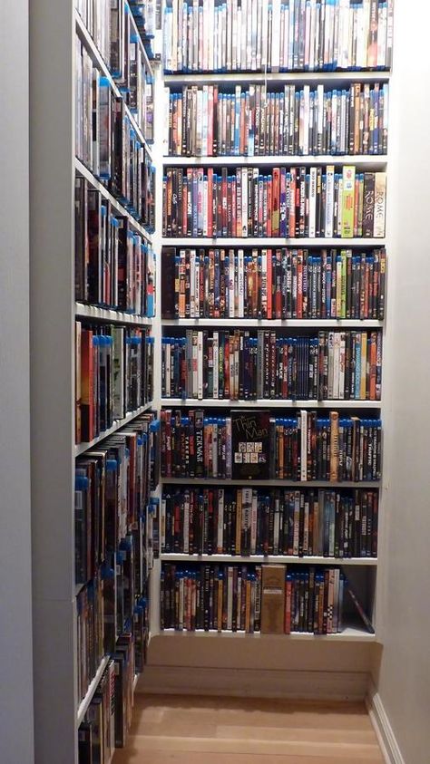 Blu Ray Storage Room (2) Blu Ray Shelf, Dvd Shelf Aesthetic, Bluray Storage Ideas, Blu Ray Storage Ideas, Dvd Storage Ideas Living Room, Movie Closet, Blu Ray Storage, Movie Storage, Dvd Shelf