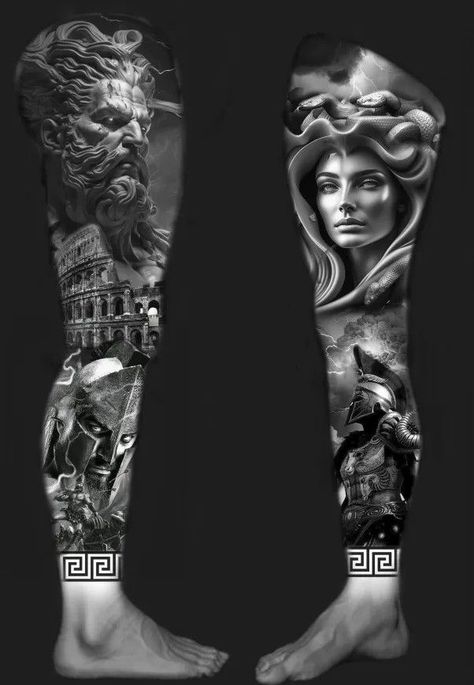 Greek God Leg Tattoo, Greek Mythology Tattoos Leg Sleeve, Greek Mythology Leg Tattoos, Greek Mythology Leg Sleeve, Greece Tattoo, Japanese Leg Tattoo, Greek God Tattoo, Gladiator Tattoo, Zeus Tattoo