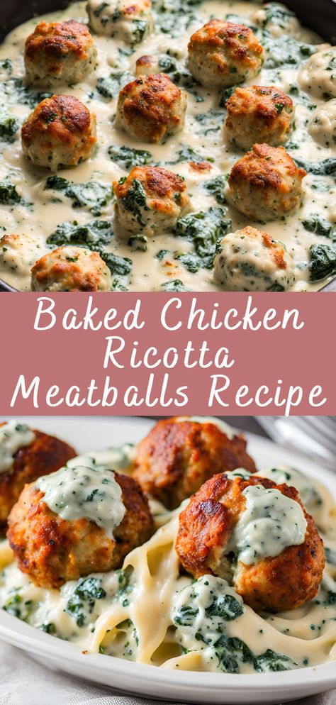 Baked Chicken Ricotta Meatballs Recipe with Spinach Alfredo Sauce | Cheff Recipes Baked Chicken Ricotta, Meatballs And Spinach Recipes, Baked Chicken Ricotta Meatballs Recipe, Meatballs In Alfredo Sauce, Baked Chicken Ricotta Meatballs With Spinach Alfredo Sauce, Baked Chicken Ricotta Meatballs With Spinach Alfredo Sauce Pasta, Chicken Ricotta Meatballs With Spinach Alfredo Sauce, Chicken Ricotta Meatballs Recipe, Creative Meatball Recipes