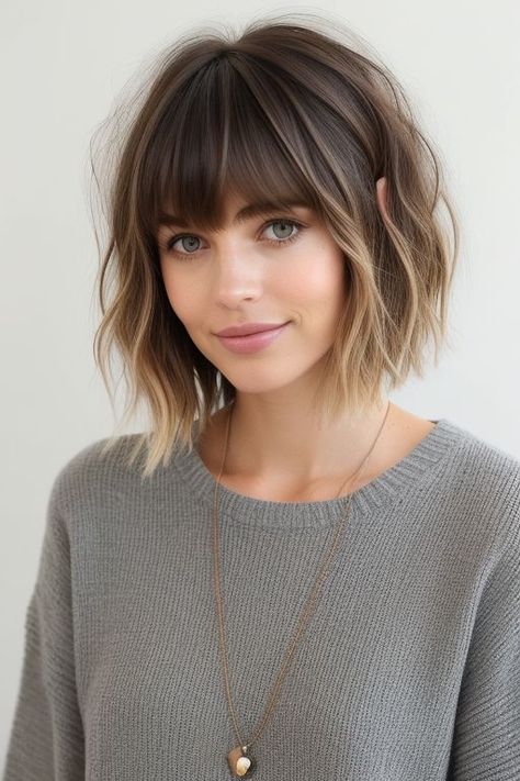 29  Messy Hairstyles 2024 7 Balayage Bob With Fringe, Root Smudge Bob, Women’s Haircuts With Bangs, Haircut Hairstyles Women, Messy Haircuts Women, Wispy Bob, Women Short Bob, 2024 Hair Trends, Bob Hair Color