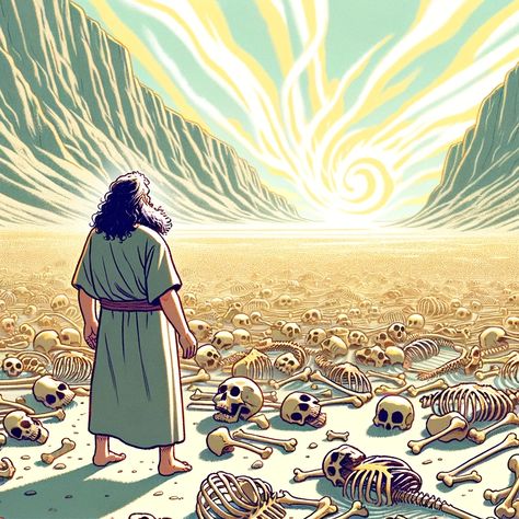 A cartoon style illustration depicting the biblical vision of the Valley of Dry Bones from Ezekiel 37. The scene shows the prophet Ezekiel standing in a vast valley filled with scattered dry bones. It's clear from the sheer number and arrangement of the bones that they once belonged to an entire army. Above him, a representation of God's Spirit, possibly depicted as a swirling presence or a... Ezekiel 37 Dry Bones, The Valley Of Dry Bones, Prophet Ezekiel, Biblical Illustrations, Bible Scenes, Valley Of Dry Bones, Bible Cartoon, Ezekiel 37, Dry Bones