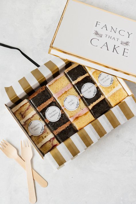 Wedding Cake Menu — Fancy That Cake Cake Tasting Boxes Ideas, Cake Testing Ideas, Cake Box Gift Ideas, Cake Sample Box Ideas, Wedding Cake Samples, Cake Tasting Box Ideas, Wedding Cake Sample Boxes, Cake Slice Packaging Ideas, Slice Cake Photography