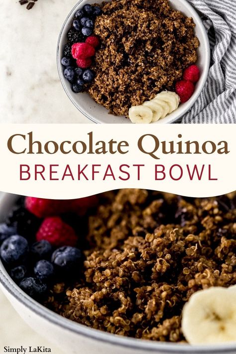 This Chocolate Quinoa Breakfast Bowl is comforting, filling, and delicious. The perfect reason to have chocolate for breakfast. Serve with fresh fruit and any other toppings you prefer. #healthy #almondmilk #coconutsugar #berries #ideas Essen, First Watch Power Breakfast Quinoa Bowl, Chocolate Quinoa Breakfast Bowl, Quinoa Breakfast Recipes, Starch Recipes, Daniels Fast, Chocolate Quinoa, Night Oats, Breakfast Bowls Recipe