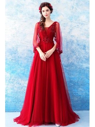 Red Long Sleeve Prom Dress, Formal Dress For Wedding, Modern Dress Patterns, Tulle Formal Dress, Dress For Wedding Party, Maxi Dress Designs, Frock Fashion, Party Frocks, Dress For Wedding