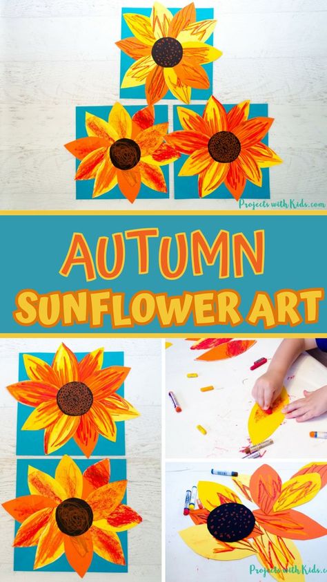 Bring the colors of fall indoors with this vibrant autumn sunflower craft! This is a great art project for kids to explore creating texture with oil pastels and is perfect for younger kids to do on their own with minimal help. Fall Fun Preschool Crafts, Pandas, Special Needs Arts And Crafts, Fall Art Projects For Toddlers Easy, Fall Flower Crafts For Preschoolers, Fall Colors Activities For Preschool, Fall Art Projects For First Grade, 1st Grade September Art Projects, September Art First Grade