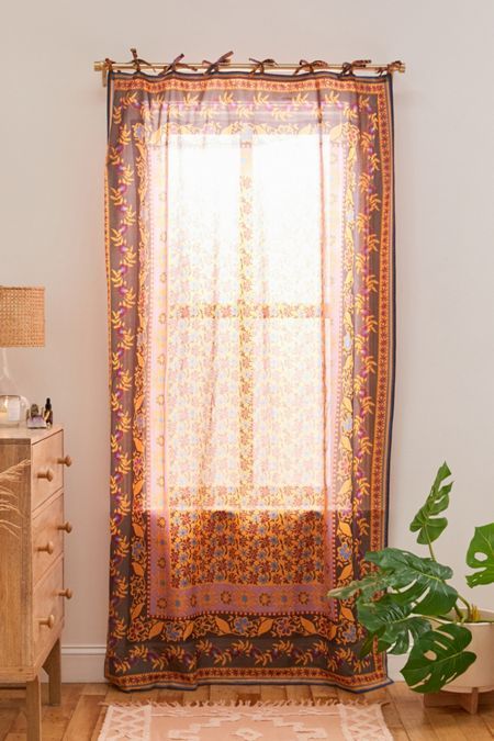 Patterned Curtains + Printed Rugs | Urban Outfitters Living Room Color Combination, Urban Outfitters Curtains, Wood Curtain Rods, Indie Bedroom, Room Color Combination, Wood Curtain, Window Ideas, Bungalow Design, Bedroom Bed Design