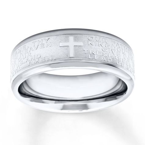 Men's Wedding Band Cross & Lord's Prayer Stainless Steel 8mm Jewelry Questions, Groom Ring, Wedding Bands For Him, The Lord's Prayer, Lord's Prayer, Jewelry Advice, Silver Wedding Bands, White Gold Wedding Bands, Men's Wedding Ring