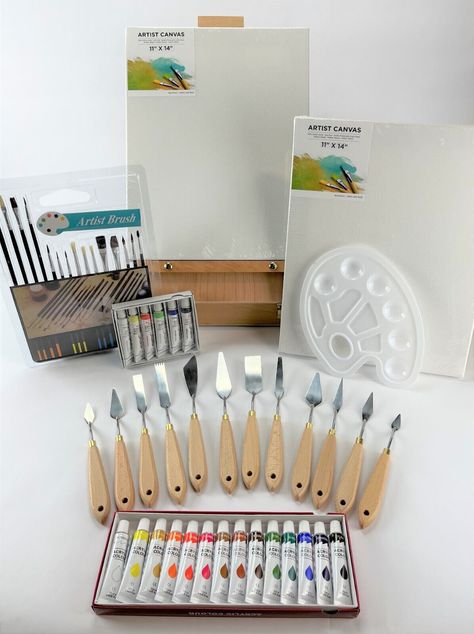 Deluxe 51 Piece ARTIST STARTER KIT Painting Set Acrylic Oil Brushes Canvas Easel The Deluxe 51 Piece Artist Starter Kit has everything an aspiring artist needs to begin their creative journey. The portable easel folds up for easy storage and travel to art class or adventurous outdoor painting destinations. The easel also doubles as a carry case for your pallet, brushes, paint tubes and other necessities.  The set includes 15 brushes and 12 painters knives to help create your masterpiece on the p Acrylic Paint Set Art Supplies, Painting Materials Art Supplies Aesthetic, Oil Painting Tools, Paint Sets Art Supplies, Painting Materials Art Supplies, Art Supplies Aesthetic, Presents For Artists, Art Utensils, Painting Items