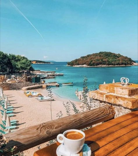 Cafe On The Beach, Coffee By The Beach, Coffee On The Beach, Coffee With A View, Good Day Coffee, Cruise Italy, Good Morning People, Beach Coffee, Beach Wall Collage