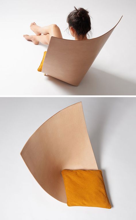 Jordi Ribaudí has designed a modern and sculptural chair, that's made from a single leather piece that backs back on itself to create the backrest, while small brass feet keep the structure together. #Design #Furniture #Chair #Seat #Leather Japanese Chair Design, Small Leather Chairs, Modern Chair Design, Leather Sculpture, Modern Leather Chair, Unique Chairs Design, Sculptural Chair, Chair Design Modern, Low Chair