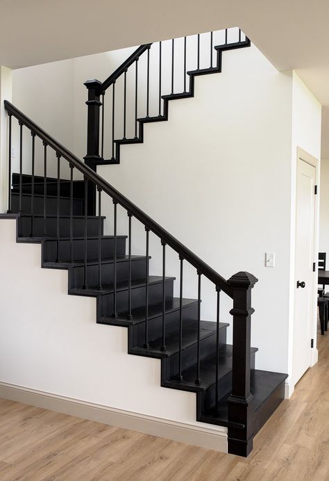 Do I Still Love my Black Stairs? — Whitney Out West Open Stairs Railing Ideas, Black And White Upstairs Hallway, Grey Stairs Black Railing, Black Stairs And Railing, Black Treads White Risers, Black Staircase Handrail, Stained Black Stairs, Black And Gray Staircase, Stairs Black And Wood