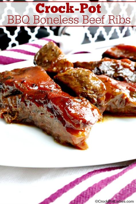 Crock-Pot BBQ Boneless Beef Ribs - Just in time for summer barbecue season is this mouthwatering recipe for tender slow cooked Crock-Pot BBQ Boneless Beef Ribs in a sweet & tangy BBQ sauce! [Gluten Free] #CrockPotLadies #CrockPot #SlowCooker #BeefRecipes #Ribs Crock Pot Boneless Beef Ribs, Bbq Boneless Beef Ribs Crockpot, Beef Country Ribs Crock Pot, Slow Cooker Bbq Ribs Crock Pots, Crockpot Country Style Beef Ribs, Country Beef Ribs Boneless Crockpot, Boneless Ribs In The Crockpot, Slow Cooker Boneless Beef Ribs, How To Cook Boneless Beef Ribs