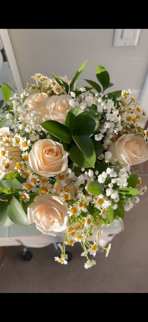 #flowers #daisy #rose Daisy And Baby Breath Bouquet, Daises Bouquet, Bouquets With Daisies, Daisy And Rose Bouquet, Rich Bf, Gardenia Bouquet, Blush Pink Theme Wedding, Daisy Flower Bouquet, Daisies Bouquet