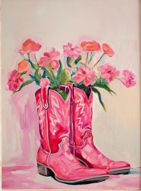 Cowboy Boots With Flowers Painting, Boots With Flowers Painting, Aesthetic Room Painting, Pink Country Aesthetic, Cowboy Boots Painting, Cowgirl Boots With Flowers, Cowboy Boot With Flowers, Cowgirl Boots Painting, Cowboy Boot Painting