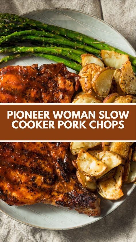 Pioneer Woman Slow Cooker Pork Chops are made with seasoned, thick boneless pork chops, garlic, and chicken broth. Serves 6 and takes about 6-8 hours on low or 3-4 hours on high in the slow cooker perfect for tender, flavorful pork chops. Porkchops Crockpot Bone In, Best Crock Pot Pork Chops, Best Slow Cooker Pork Chops, Boneless Pork Loin Chops Recipes Slow Cooker, Keto Slow Cooker Pork Chops, Slower Cooker Pork Chops Easy Recipes, Pioneer Woman Pork Chop Recipes, Bone In Pork Chops Slow Cooker, Balsamic Pork Chops Crock Pot