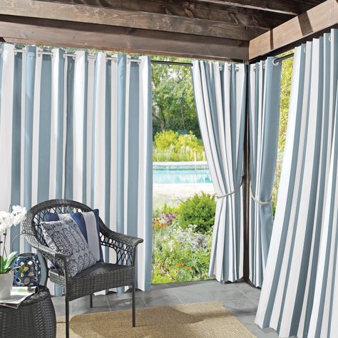 Highland Dunes Mollifer Polyester Room Darkening Curtain Panel | Wayfair Curtains On Porch Outdoor Drapes, Gazebo Curtains, Outdoor Drapes, Outdoor Cabana, Porch Curtains, Pergola Curtains, Pool Cabana, Patio Curtains, Striped Room